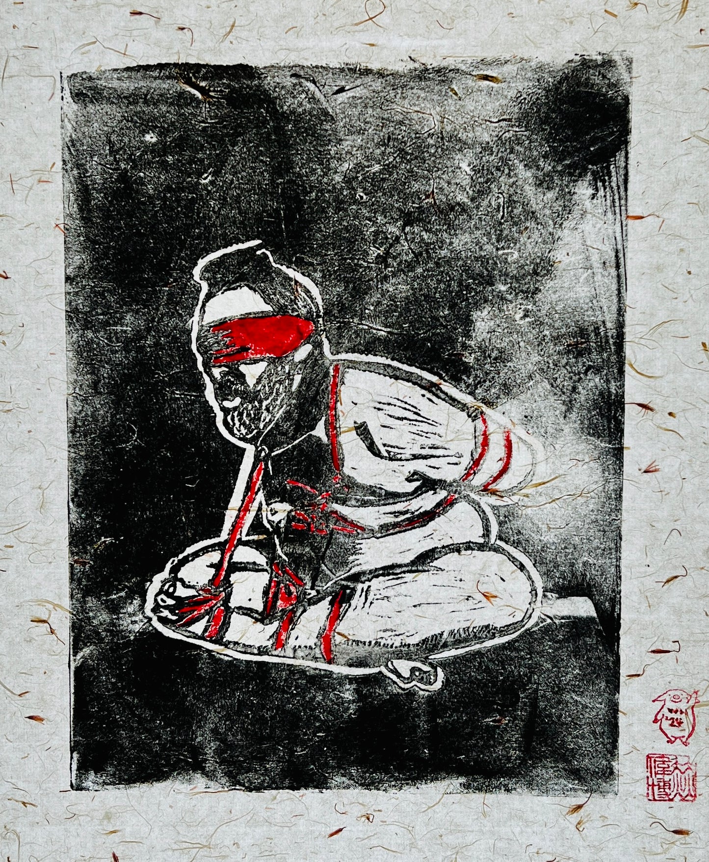 Wilbur Hurley - ‘Chrysanthemum’ - Linoleum Press on Chinese Scroll