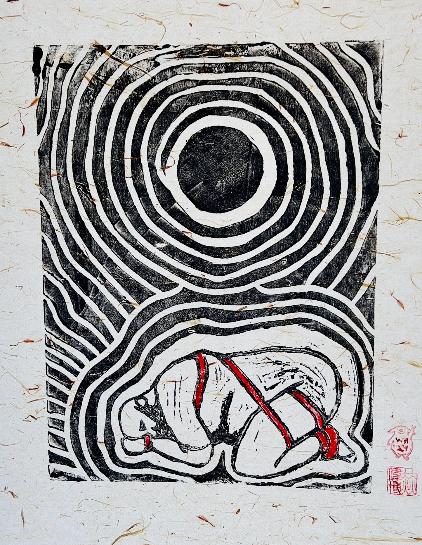 Wilbur Hurley - ‘Orchid’ - Linoleum Press on Chinese Scroll